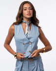 Tailleur tre pezzi gessato azzurro