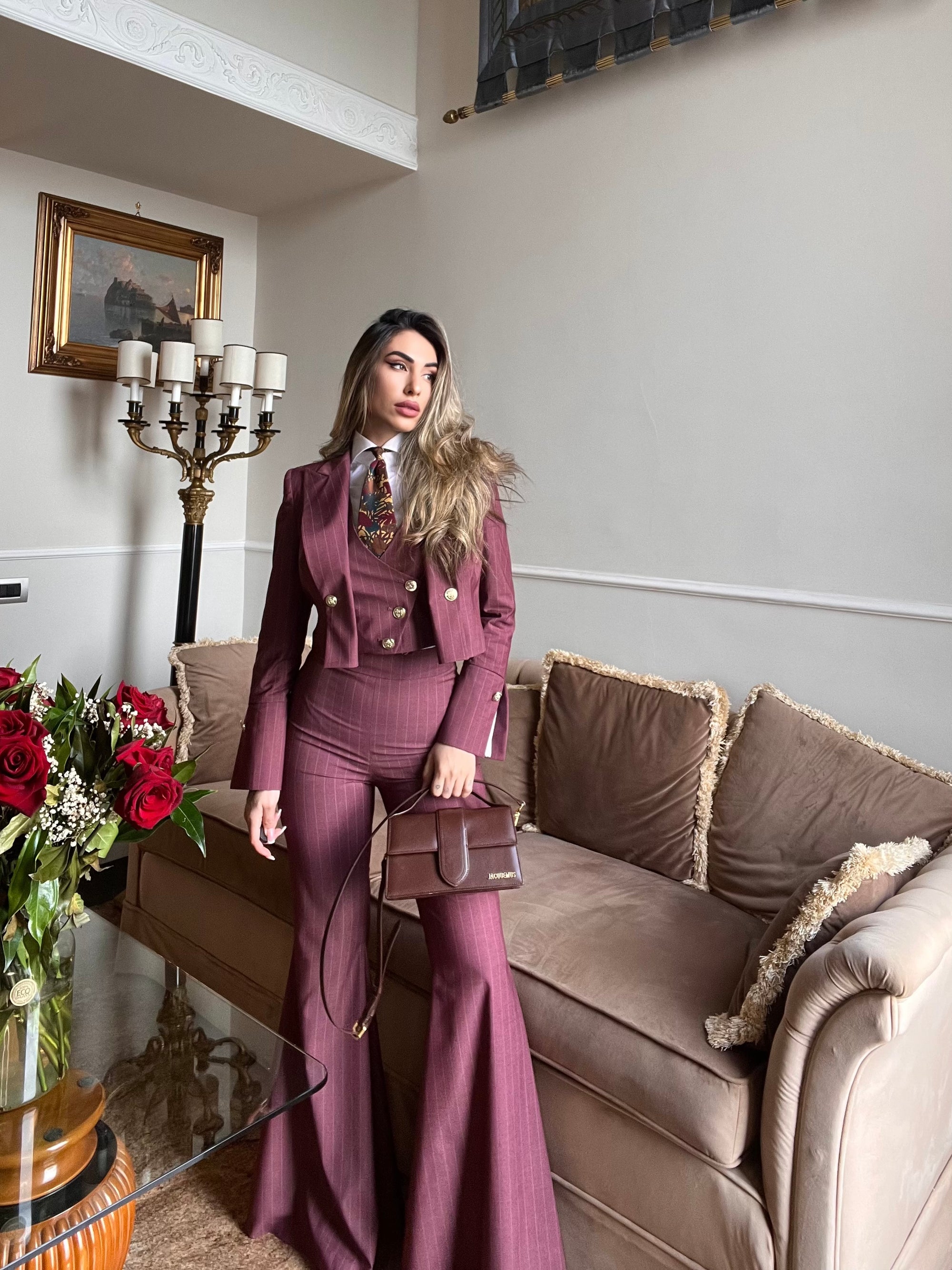 Tailleur tre pezzi Jolie gessato bordeaux chiaro