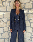 Tailleur tre pezzi lino gessato Blu