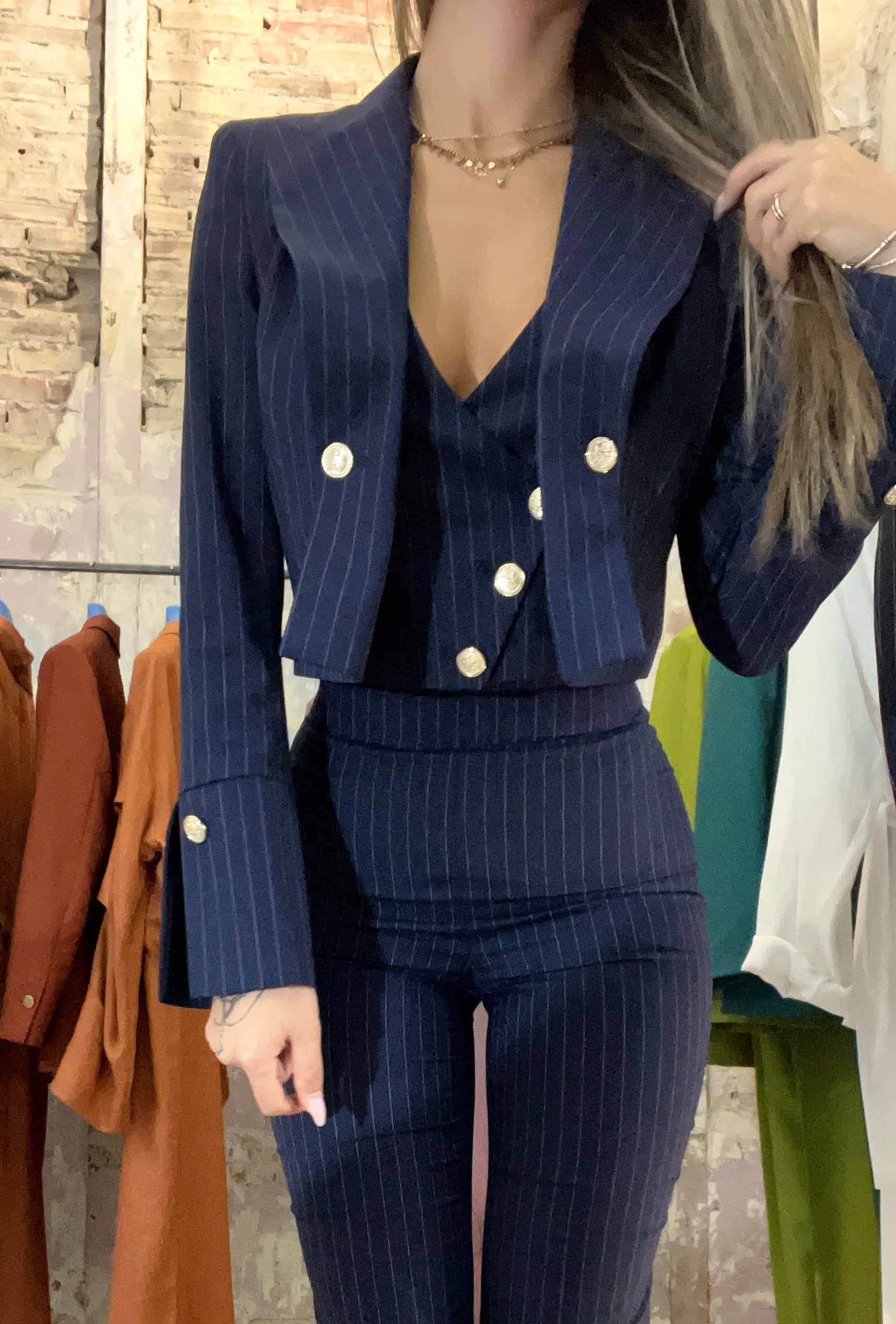 Tailleur tre pezzi Jolie zampa regolare Gessato Blu