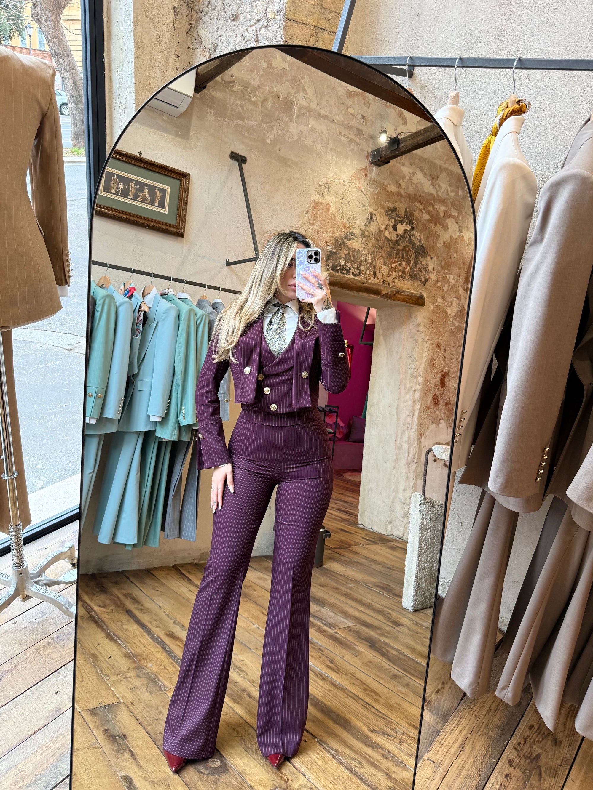 Tailleur tre pezzi new Jolie Bordeaux gessato
