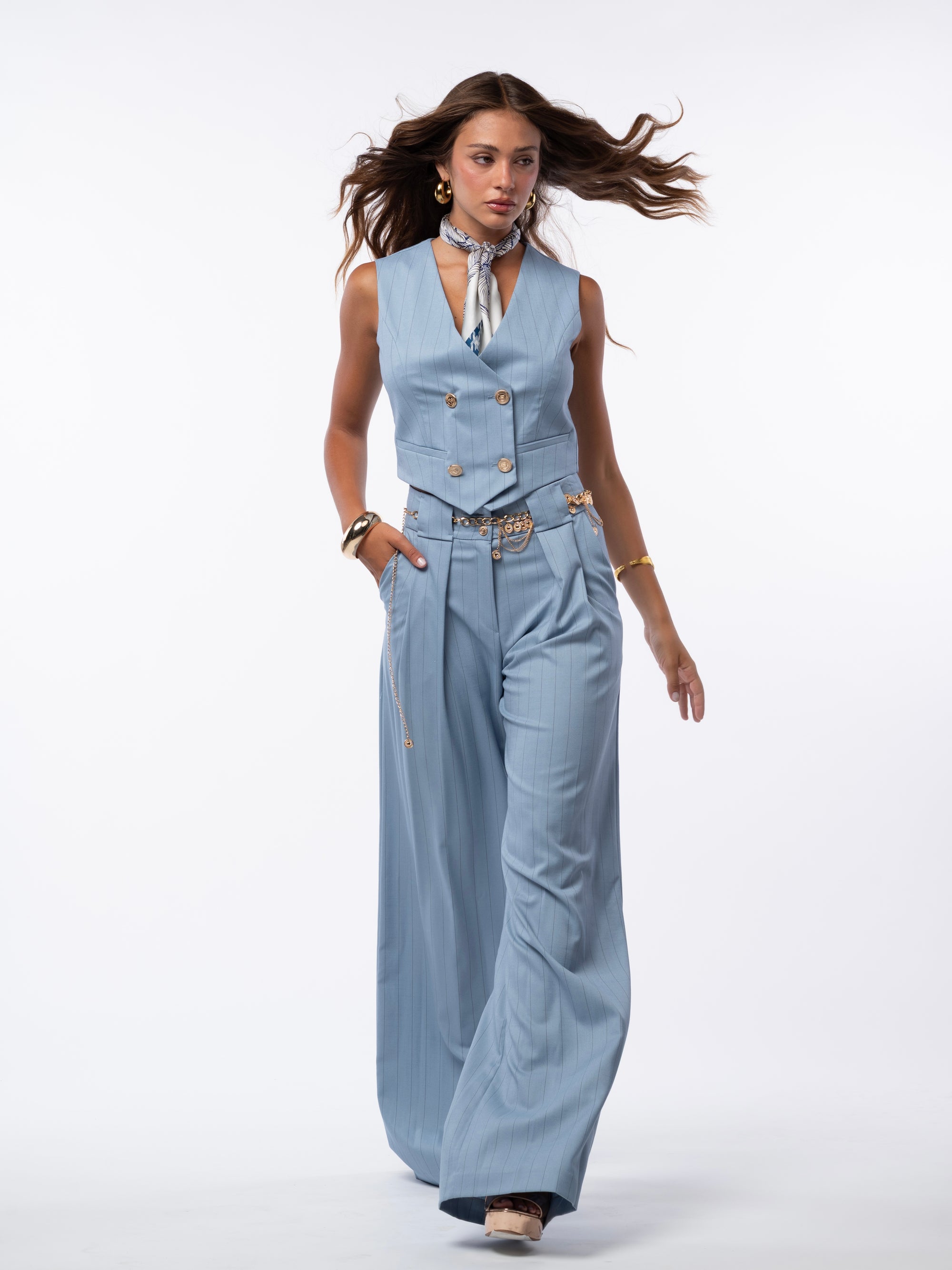 Tailleur tre pezzi gessato azzurro