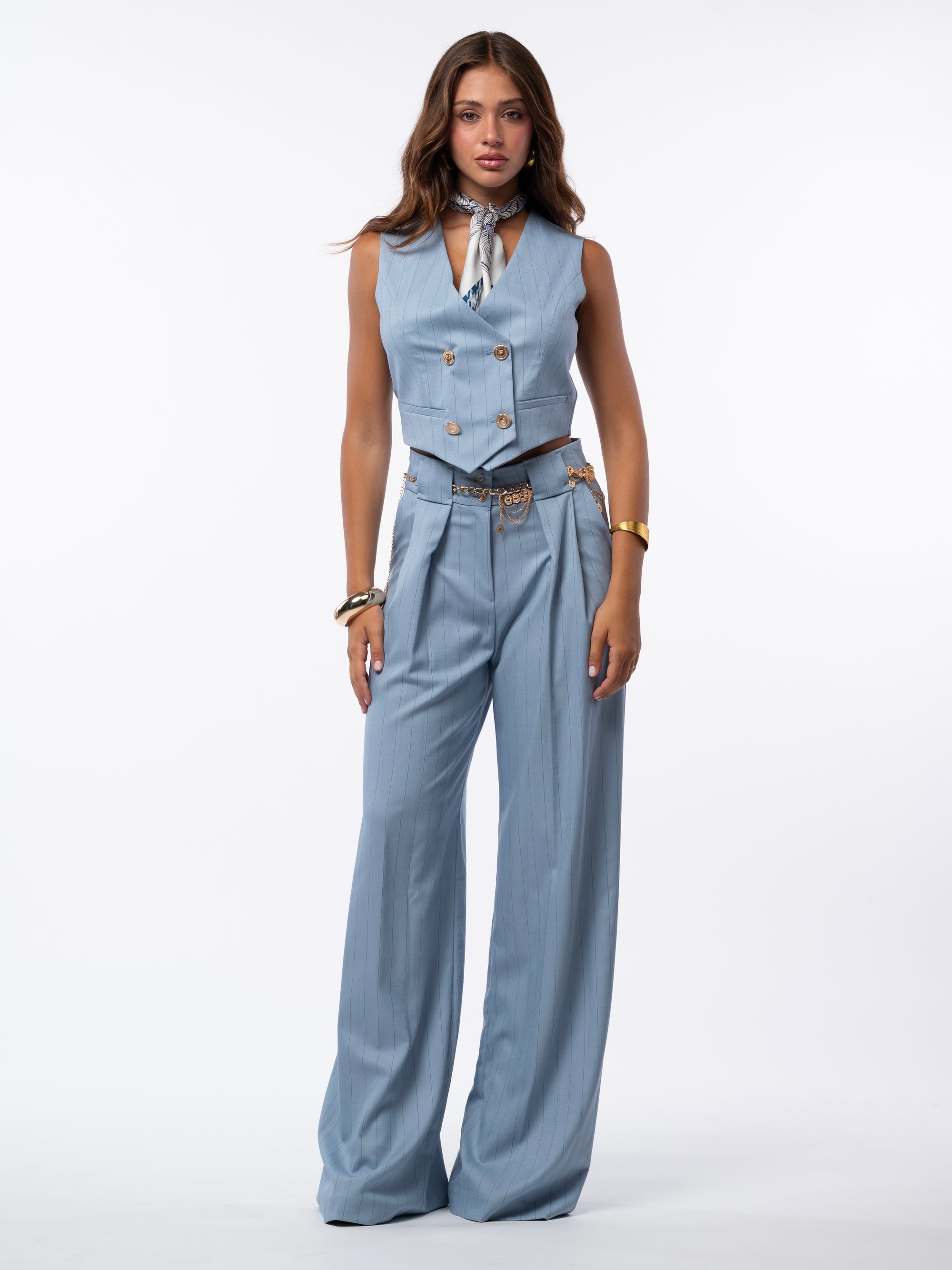 Tailleur tre pezzi gessato azzurro