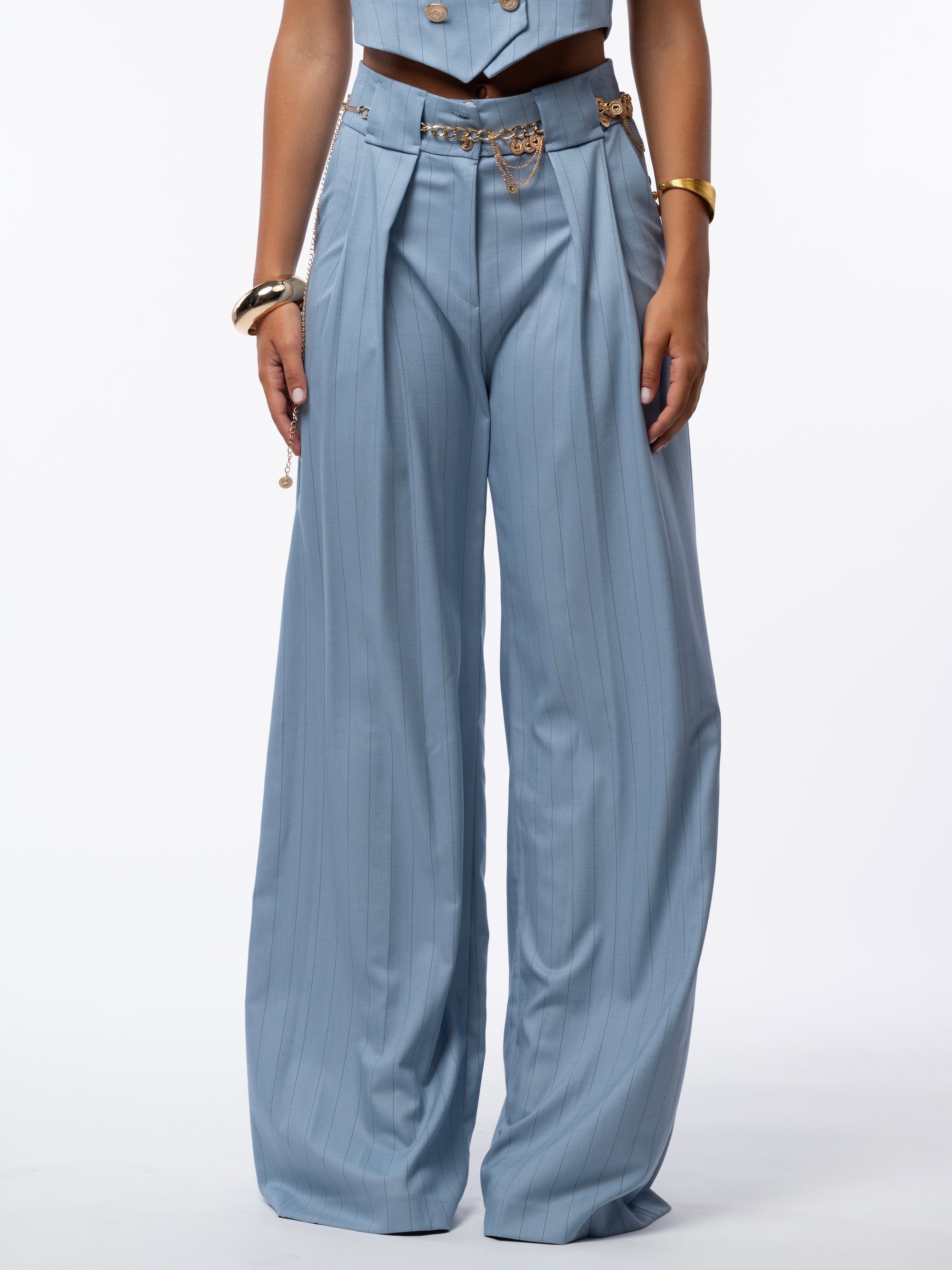 Tailleur tre pezzi gessato azzurro