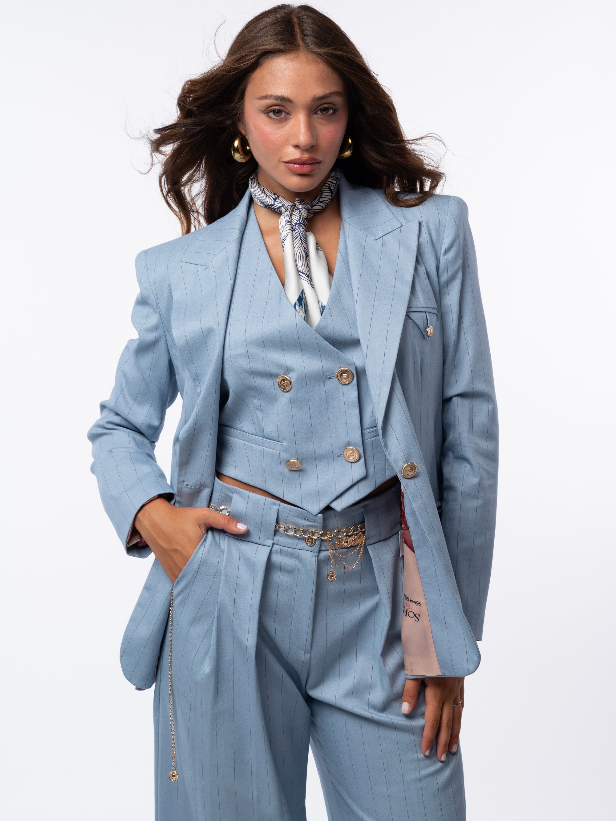 Tailleur tre pezzi gessato azzurro