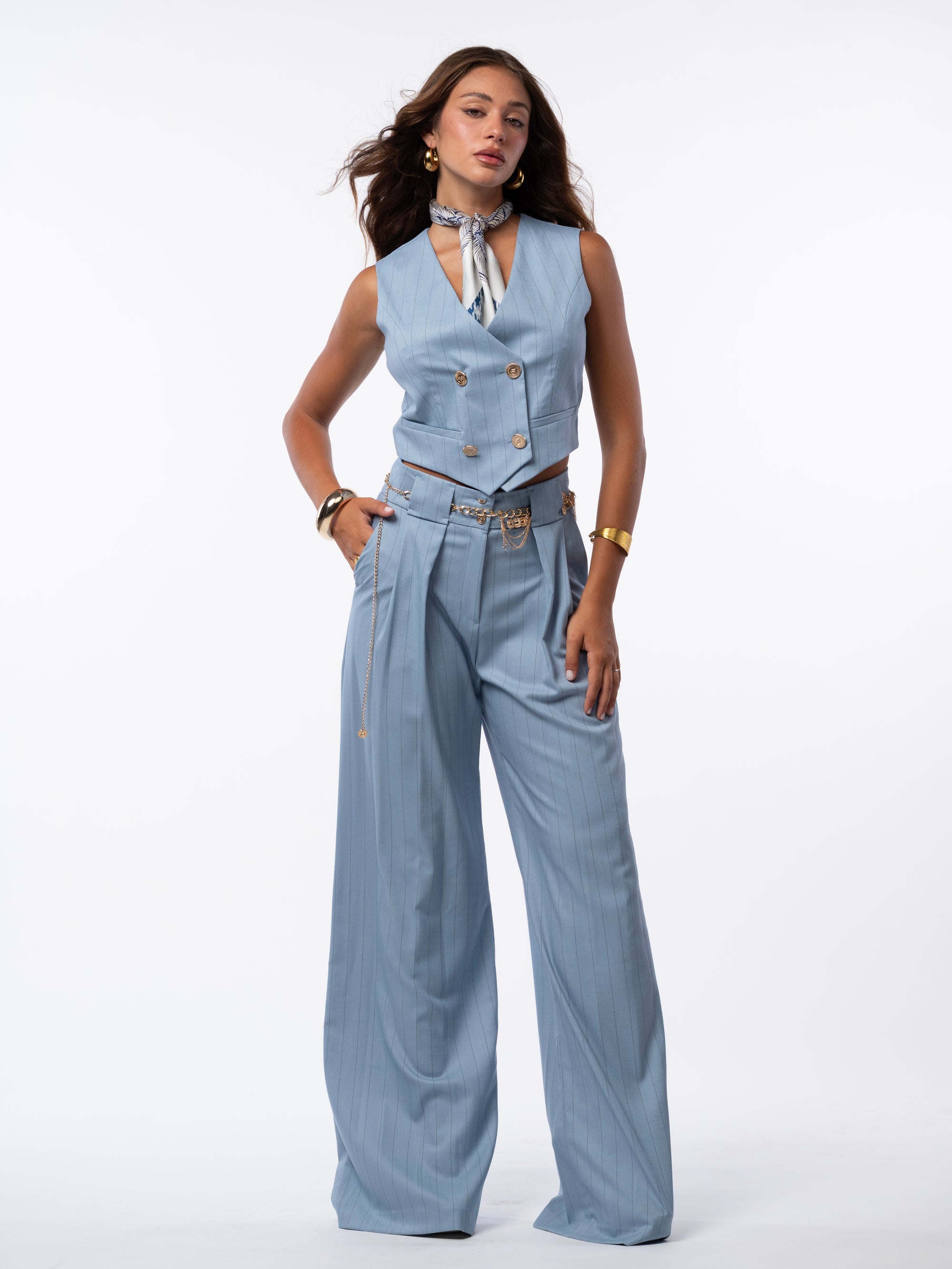 Tailleur tre pezzi gessato azzurro