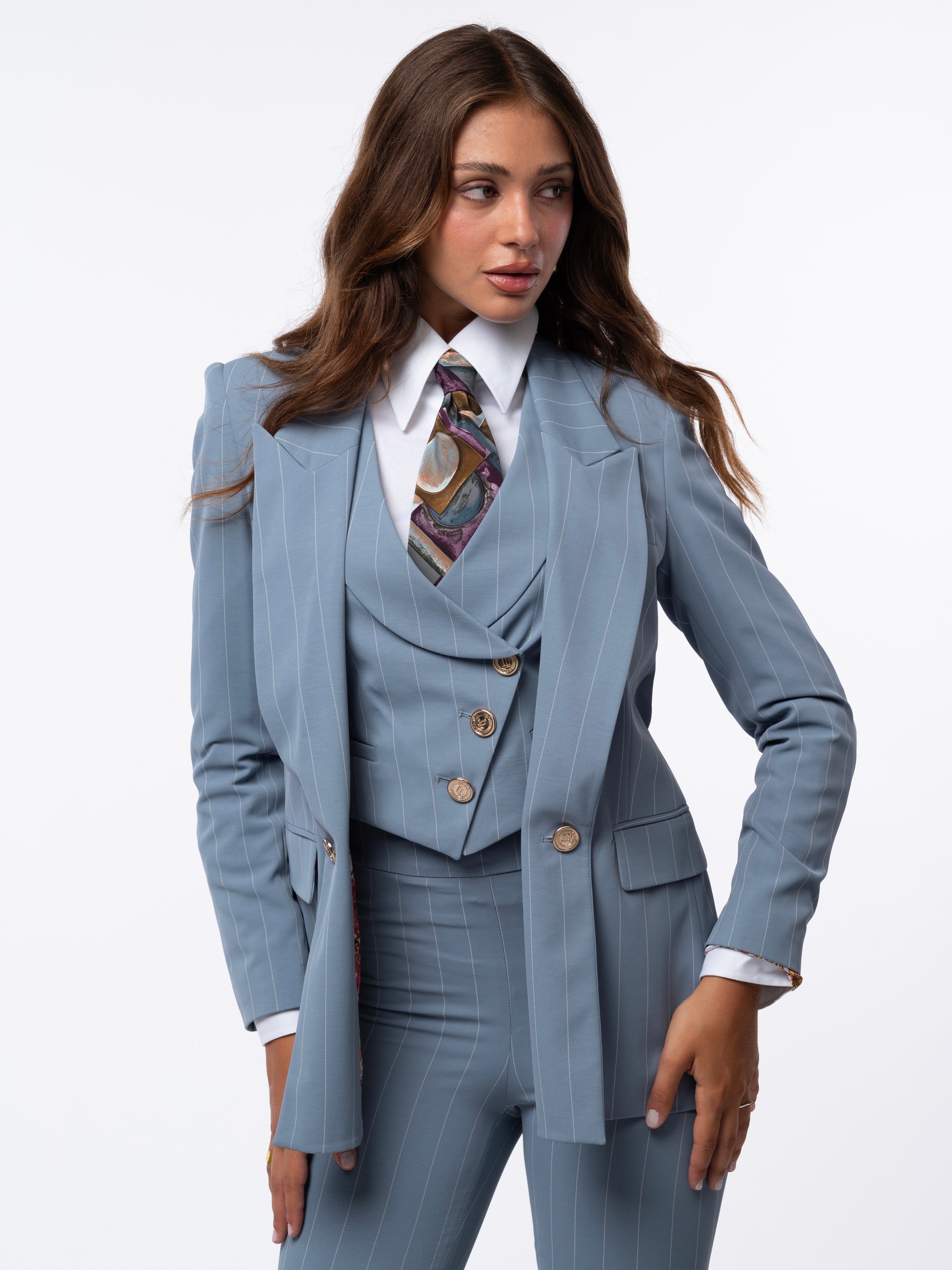Tailleur tre pezzi Classic gessato acqua marina