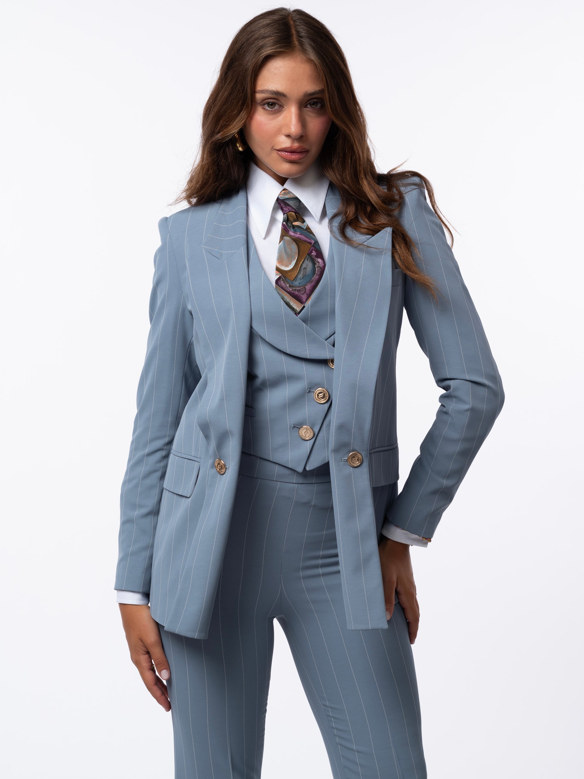 Tailleur tre pezzi Classic gessato acqua marina