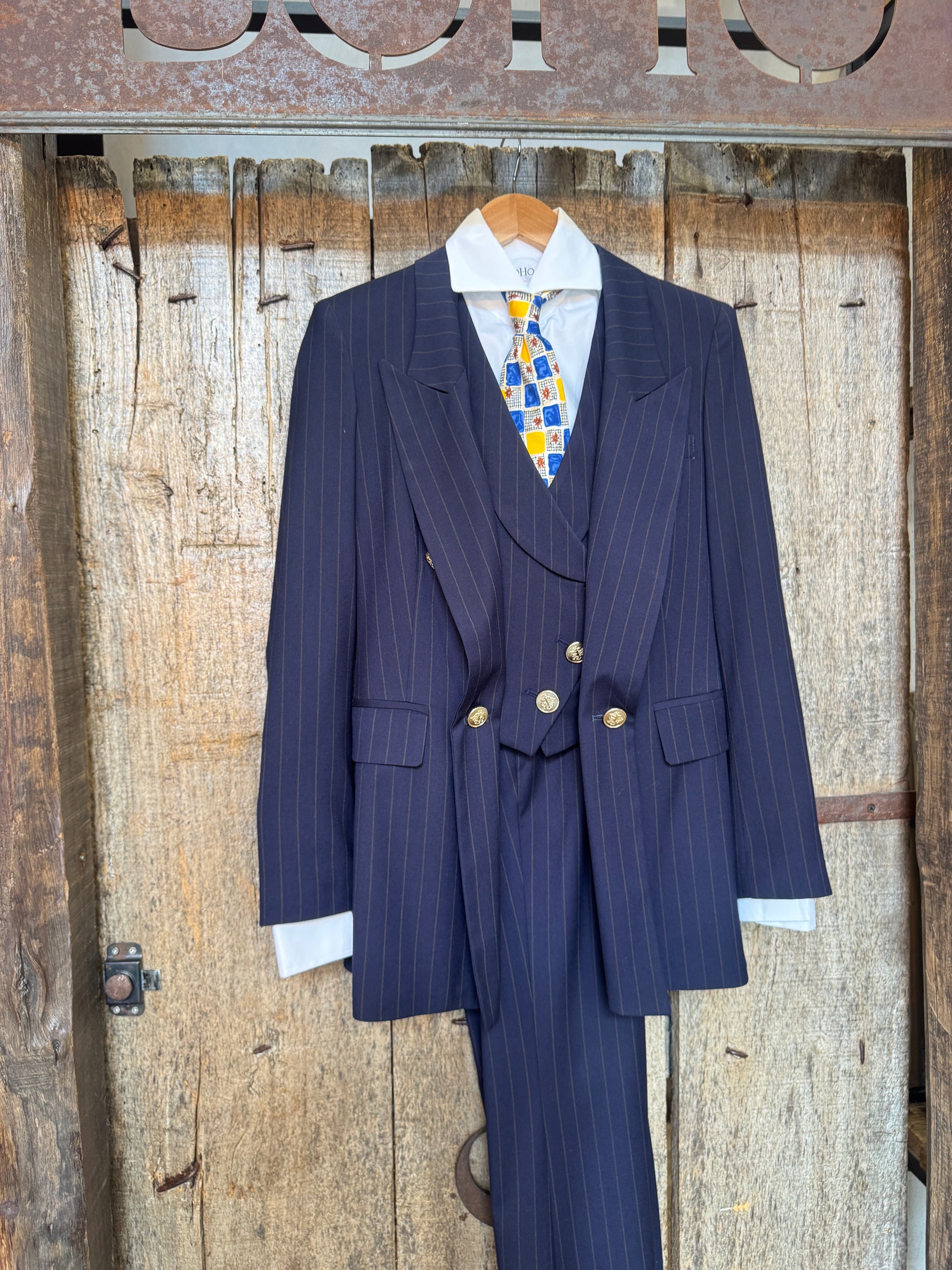 Tailleur tre pezzi Classic Blu London scuro gessato riga marrone