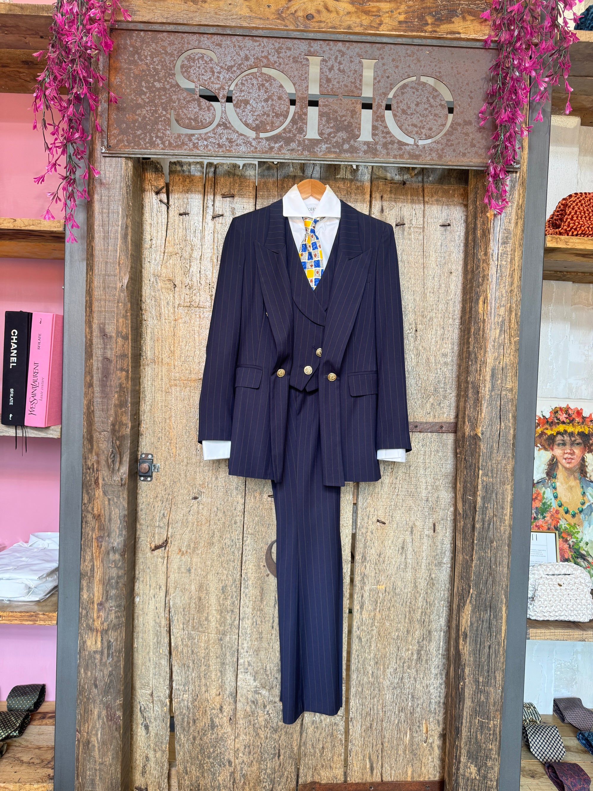 Tailleur tre pezzi Classic Blu London scuro gessato riga marrone