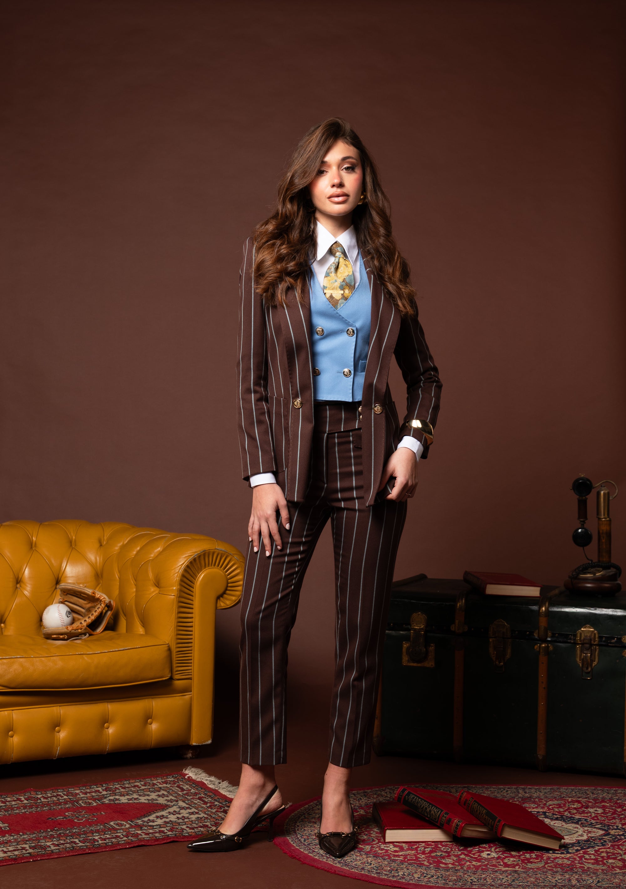 Tre pezzi New York Marrone gessato celeste